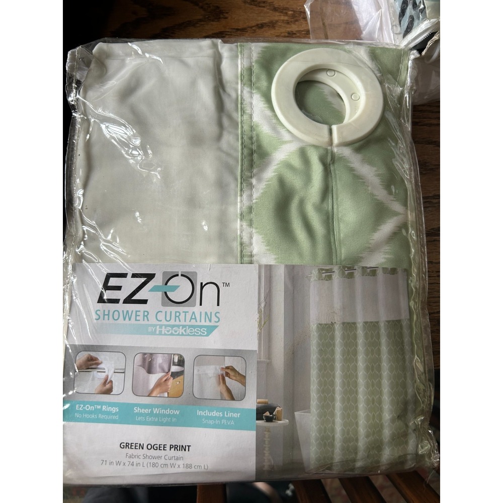 Hookless EZ-On Green Ogee Print Fabric Shower Curtain with Snap-In Liner 71x74